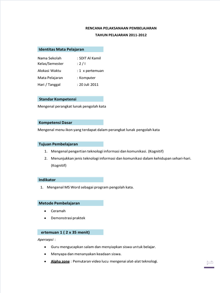 RPP TIK Kelas 2: Pengolah Kata MS Word | PDF