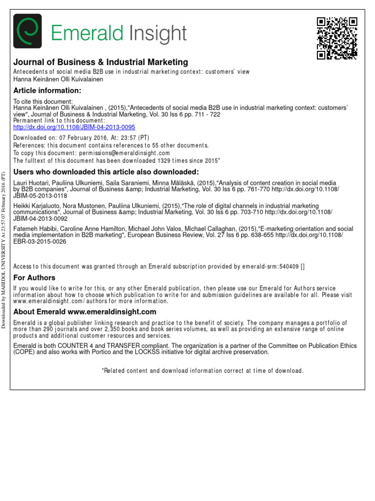 B2B Social Media Use in Industrial Marketing | PDF | Marketing | Social ...