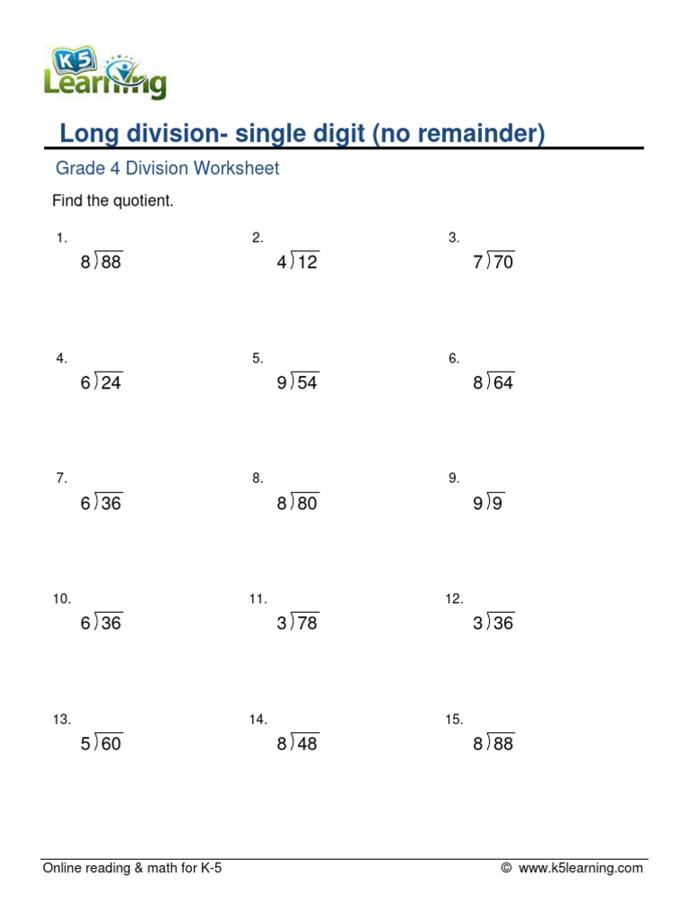 Grade 4 Long Division No Remainder e PDF