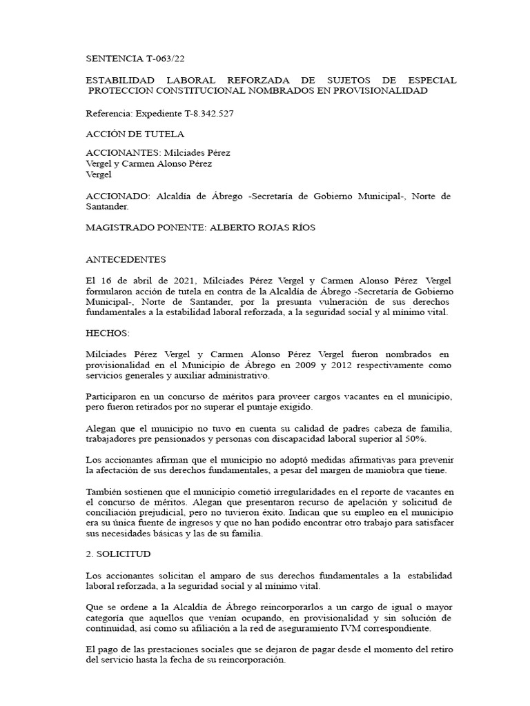 Estabilidad Laboral en Sentencia T-063/22 | PDF | Derecho