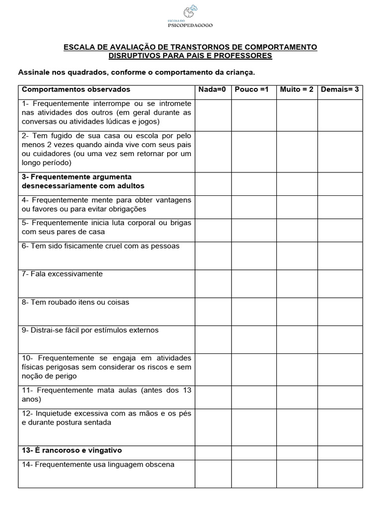 Escala de Avaliação para Transtornos de Comportamento | PDF ...