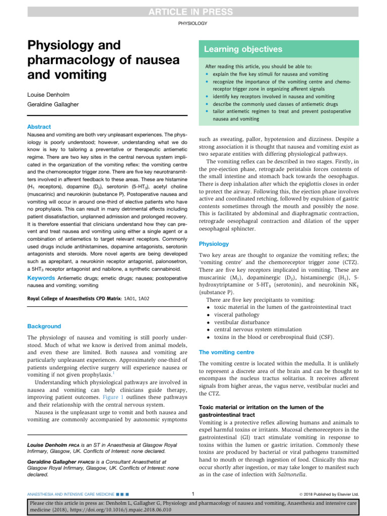 Physiology of Nausea and Vomiting | PDF | Vomiting | Nausea