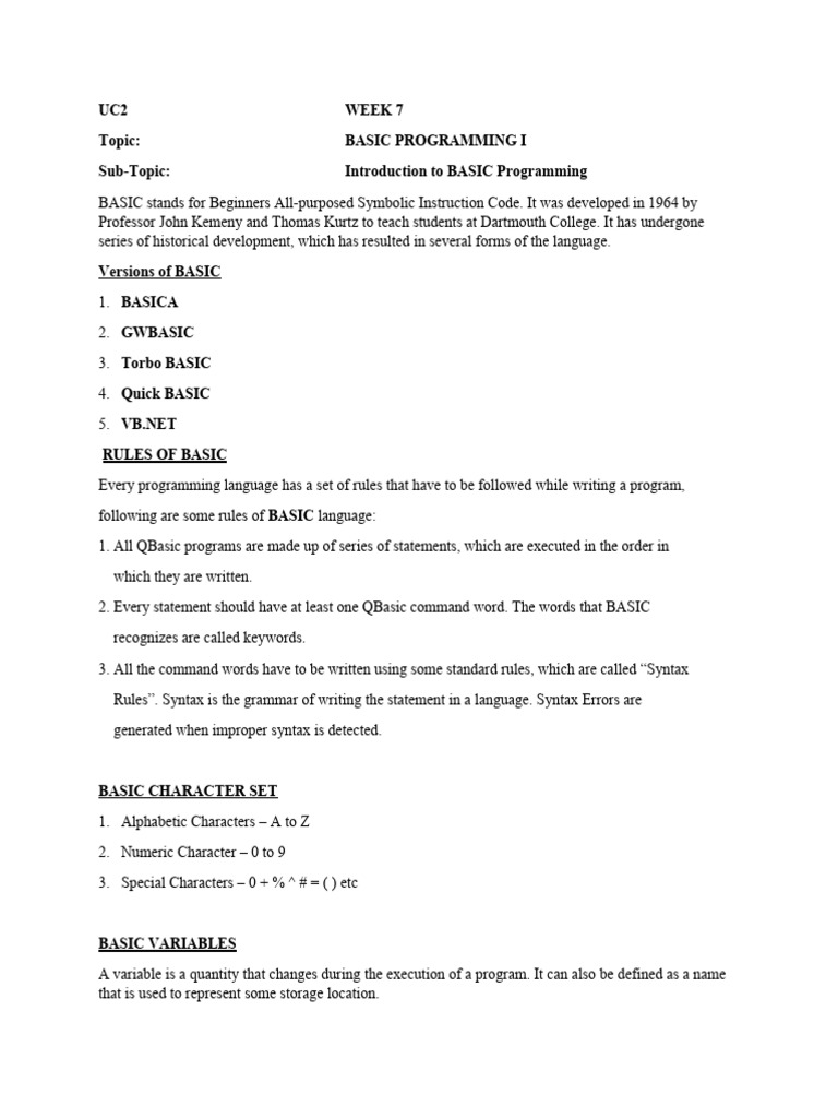 UC2 Week 7 Topic: Basic Programming I Sub-Topic: Introduction To BASIC ...
