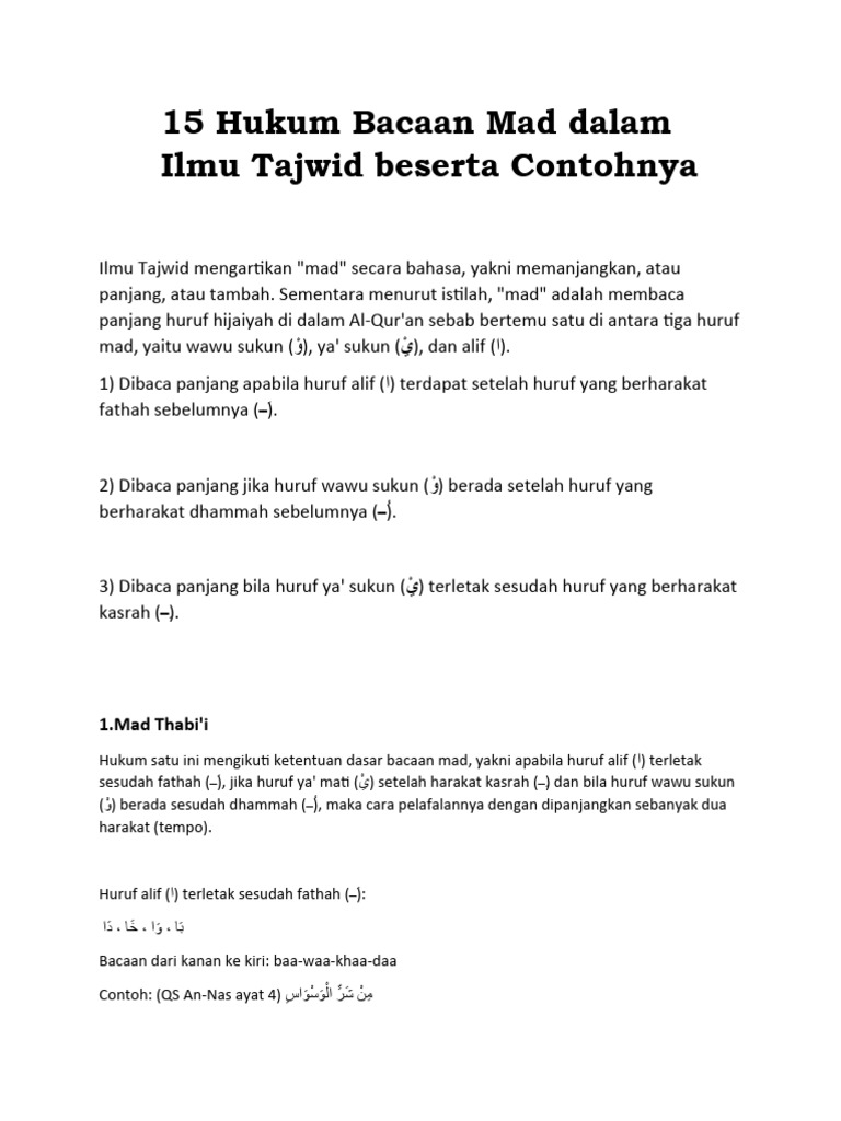 15 Hukum Bacaan Mad Dalam Ilmu Tajwid Beserta Contohnya Pdf