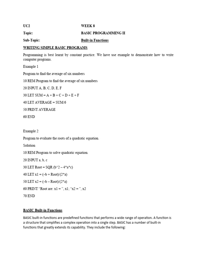 UC2 Week 8 Topic: Basic Programming Ii Sub-Topic: Built-In Functions ...