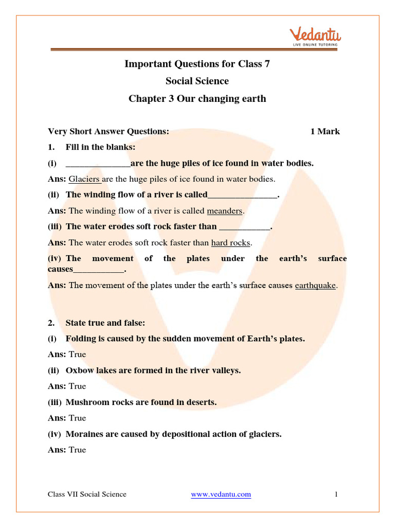 CBSE Class 7 Science Our Environment Chapter 3 Our Changing Earth ...
