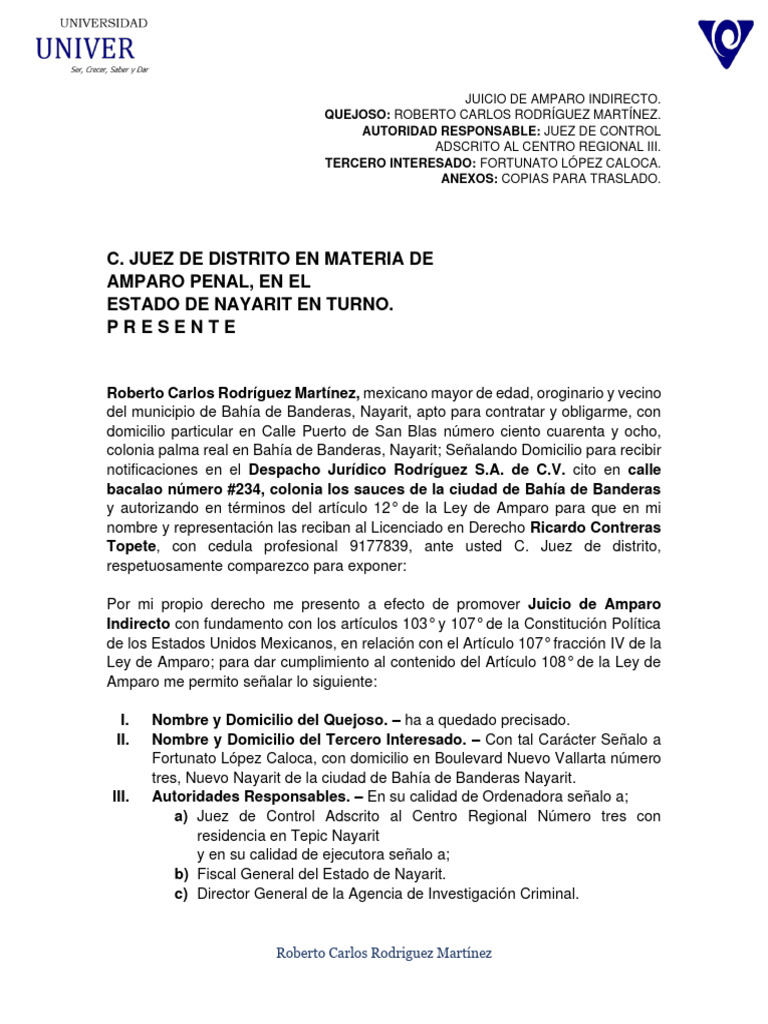 Demanda de Amparo Contra Orden de Aprehensión | PDF | Violación | Justicia