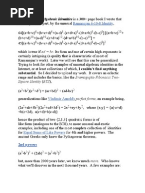 A Collection Of Algebraic Identities Pi Numbers