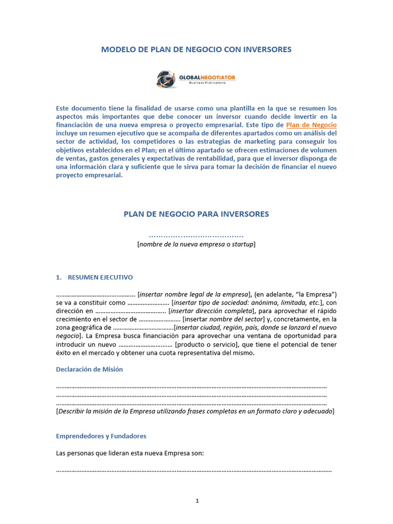 Plantilla de Plan de Negocio para Inversores | PDF | Plan de negocios ...