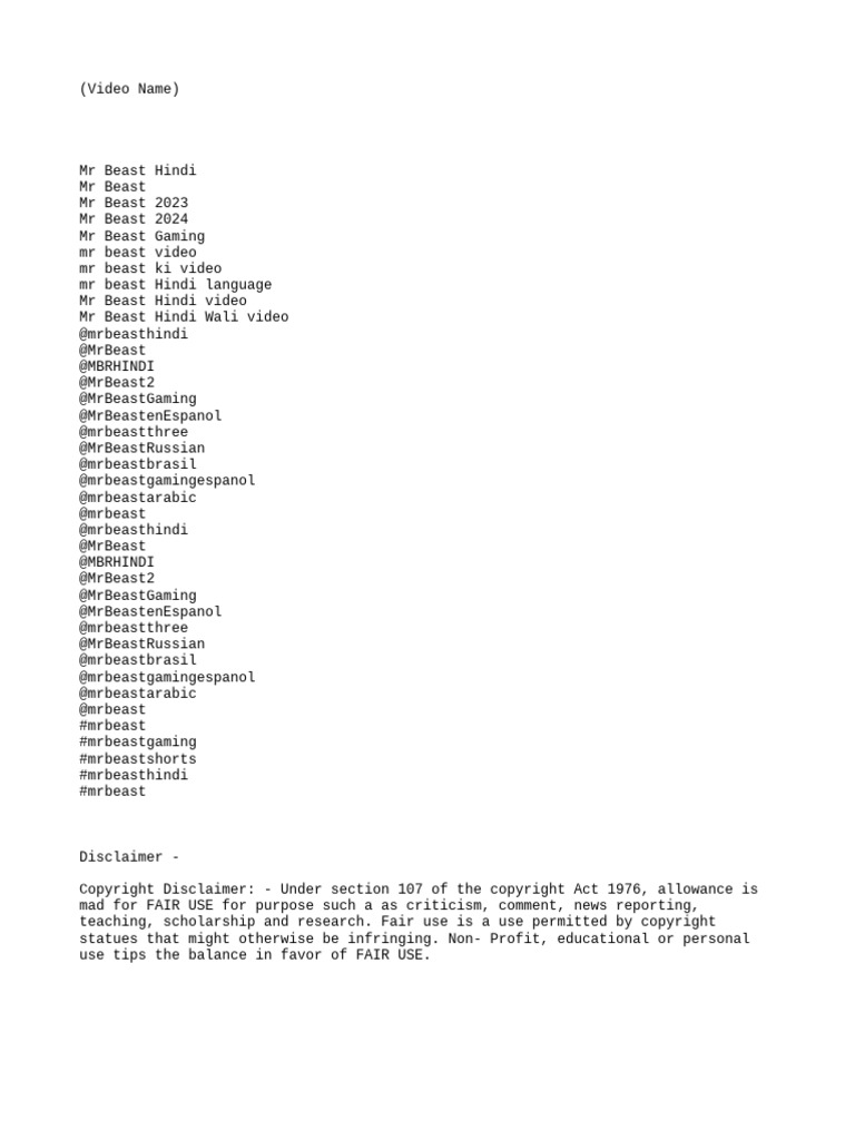 Description Mr Beast Hindi Dub Video Pdf Games Activities