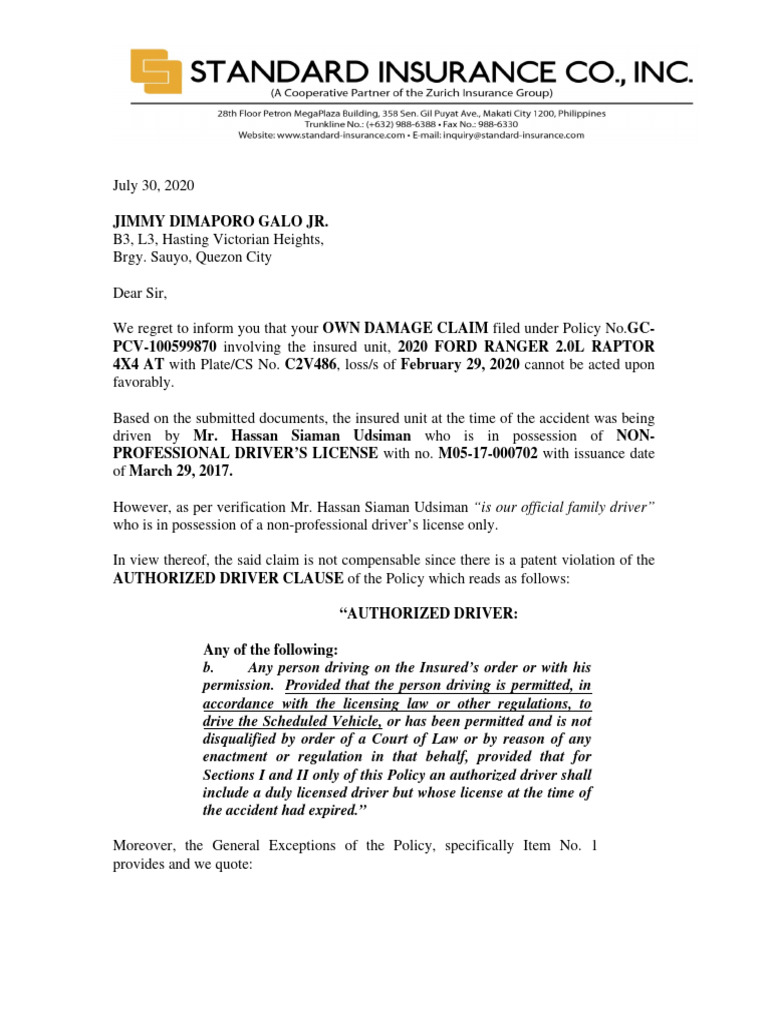 Claim Denial Due to Authorized Driver Clause | PDF | License | Driver's ...