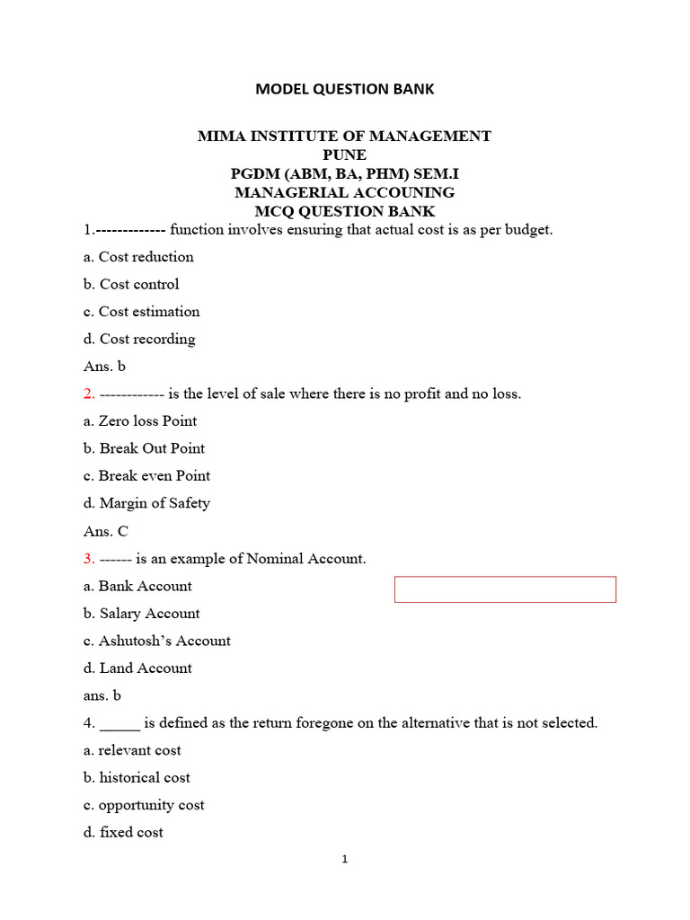 MODEL QUESTION BANK_MCQ BANK Managerial Acc | PDF | Expense | Balance Sheet