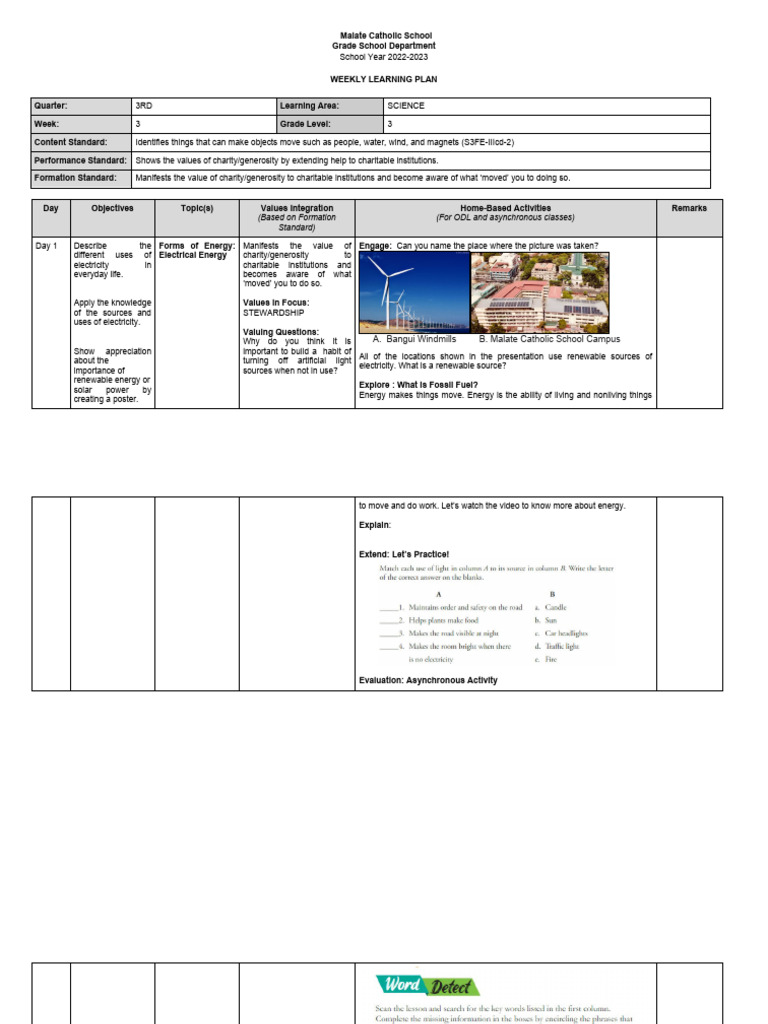 Grade 3 Science Weekly Learning Plan | PDF | Renewable Energy | Learning