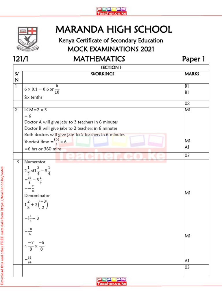 Maranda High School Math Mock Exam 2021 | PDF