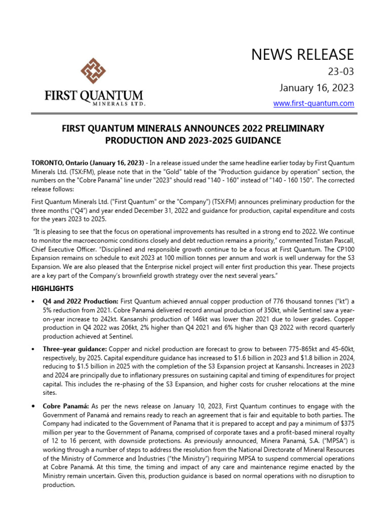 First quantum minerals production results and 3 year guidance final