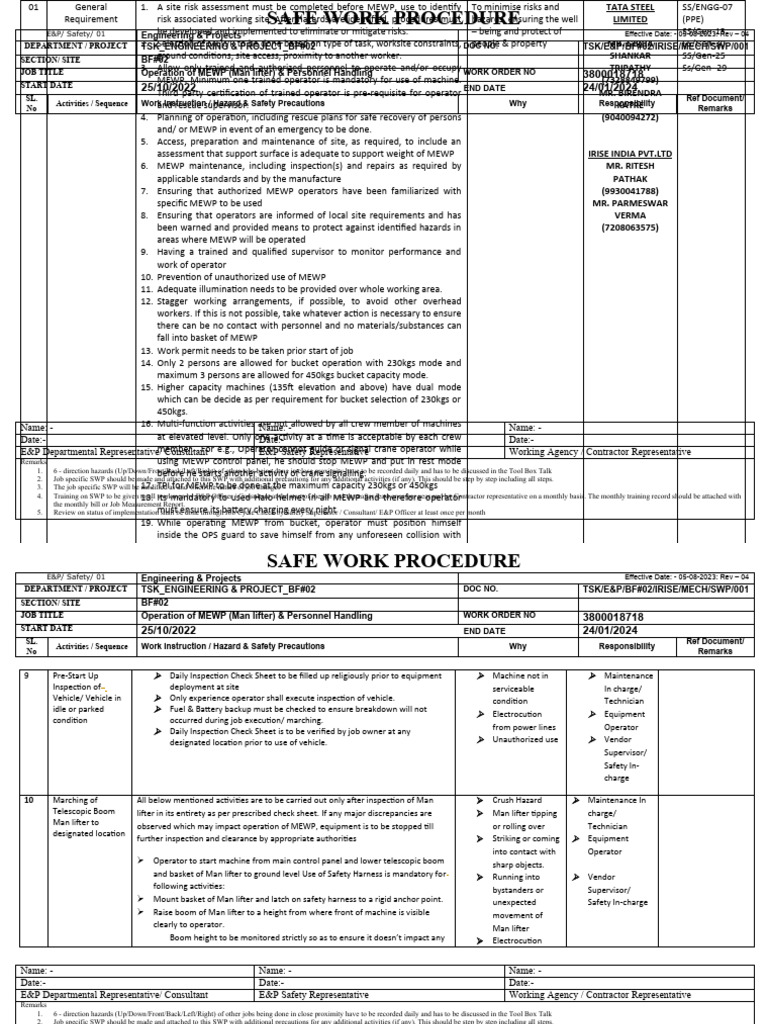 MEWP Operation Safety Procedures | PDF | Safety | Hazards