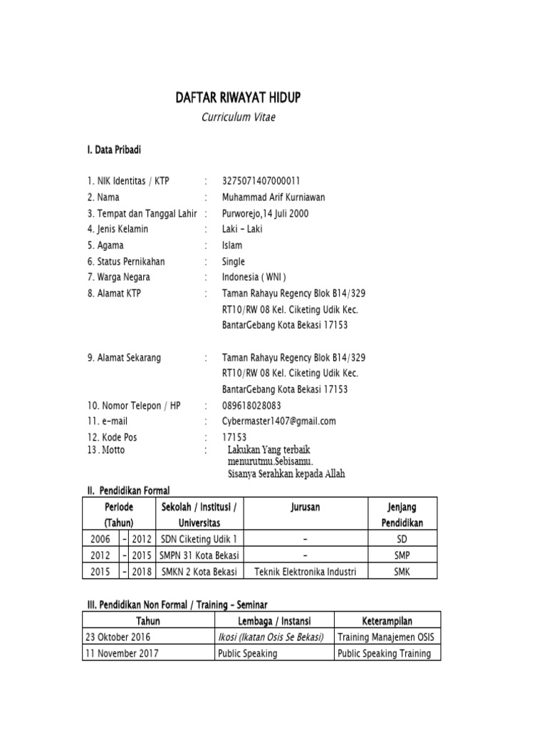 Cv daftar riwayat hidup pdf