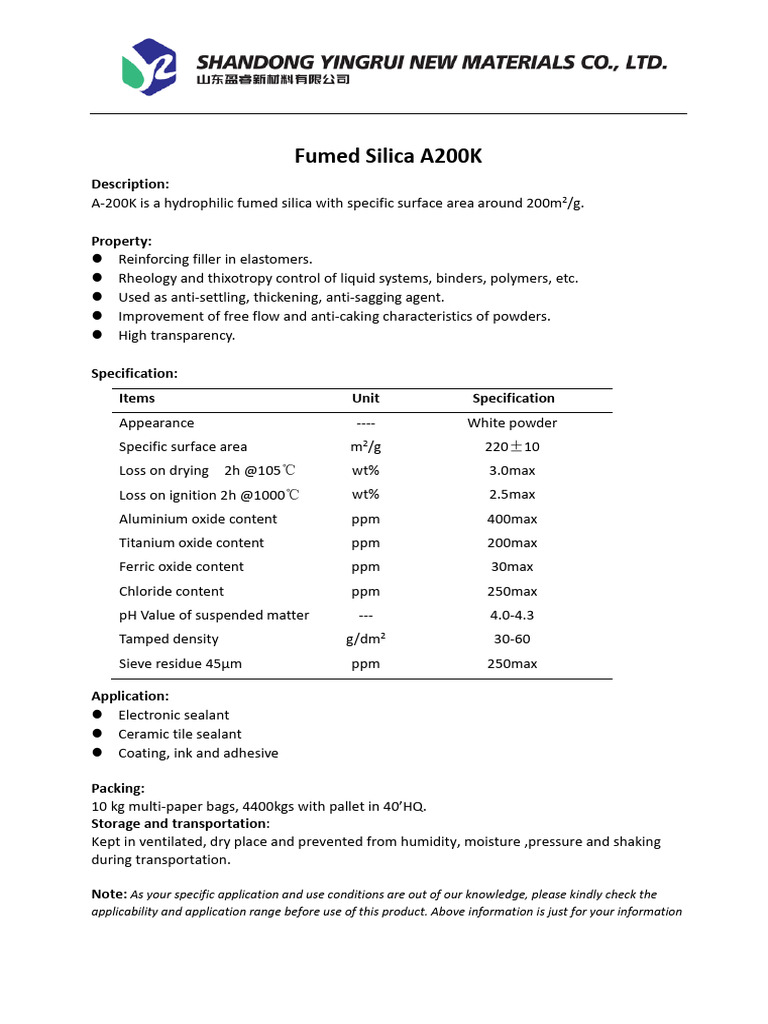 Fumed Silica A200k Properties Applications Pdf