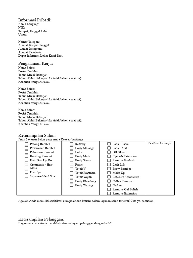 Formulir Lamaran Kerja Salon | PDF | Karier & Perkembangan