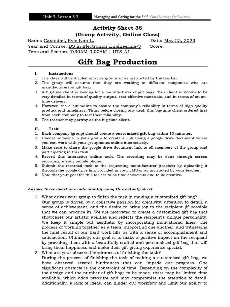 UTS Activity: Customized Gift Bag Task | PDF | Goal | Goal Setting