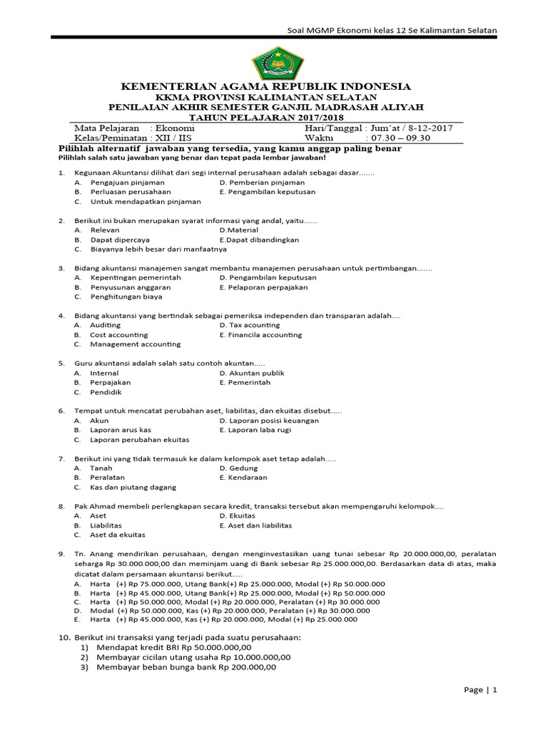 50 Soal Ekonomi Kelas 12 Lengkap Kunci Jawaban Ujian Semester