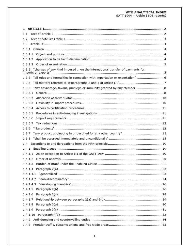 GATT 1994 Article I Overview | PDF | Most Favoured Nation | World Trade ...
