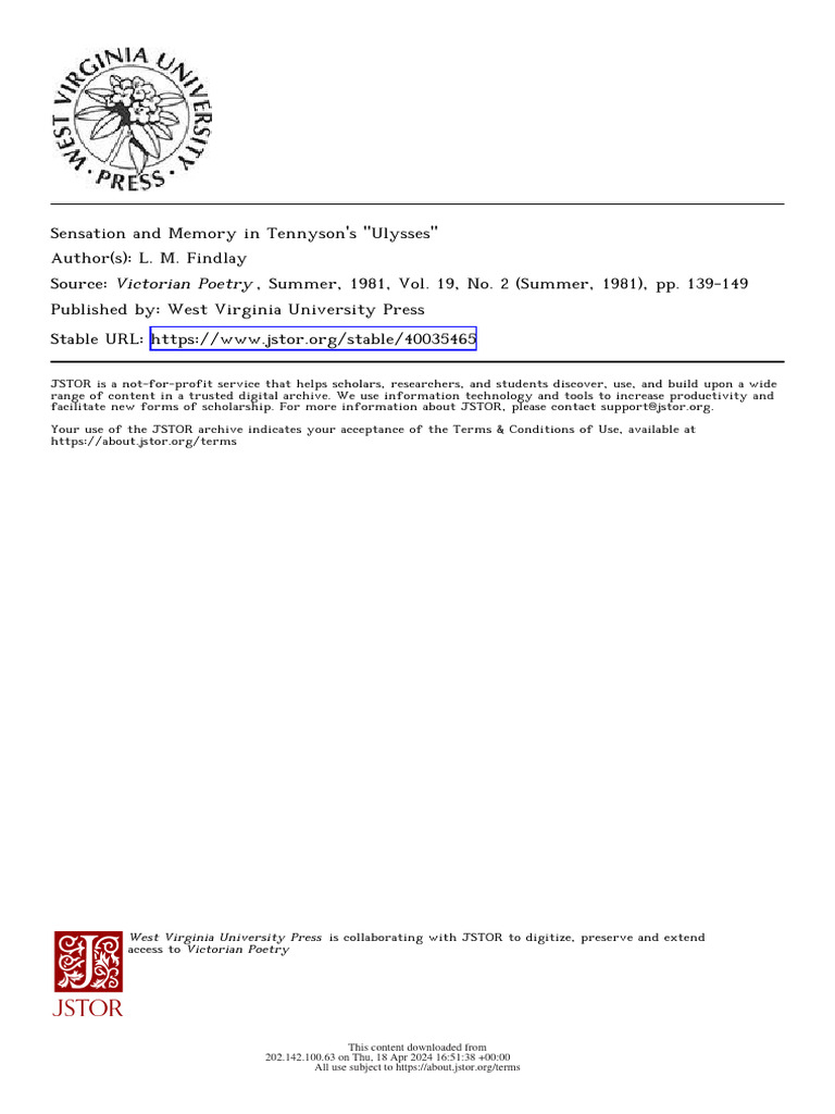 Sensation and Memory in Tennyson's Ulysses PDF Odysseus