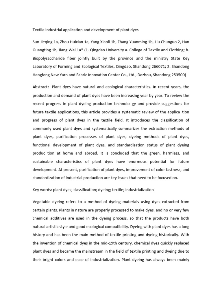 Textile Industrial Application and Development of Plant Dyes | PDF ...