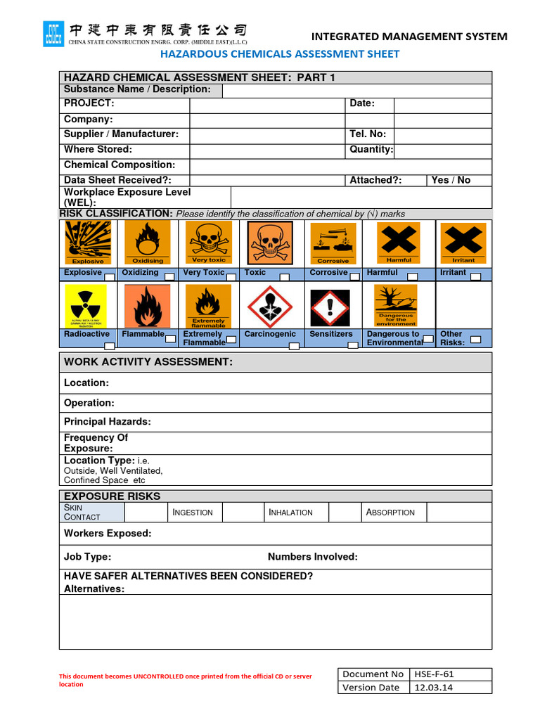 COSHH Hazardous Chemicals Assessment Sheet | PDF | Hazards | Personal ...
