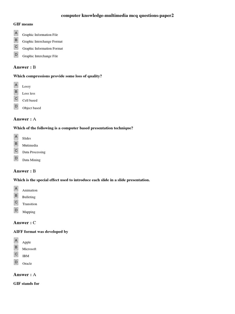 Computer knowledge multimedia mcq questions paper2 a b c d pdf