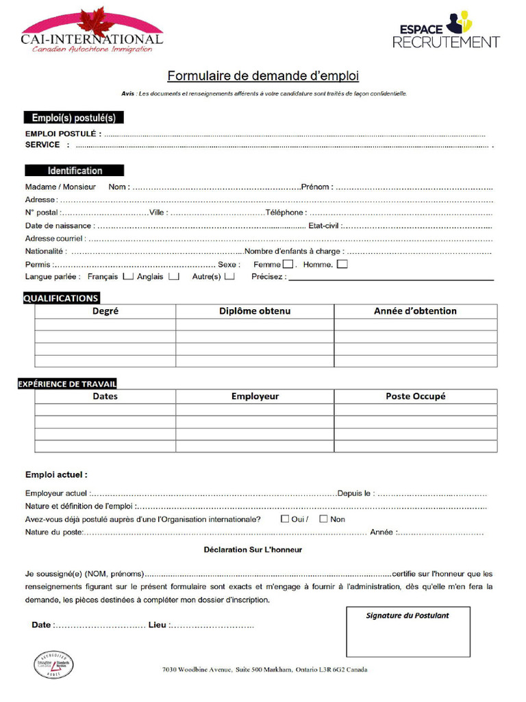 Formulaire de demande d emploi cai fran ais pdf