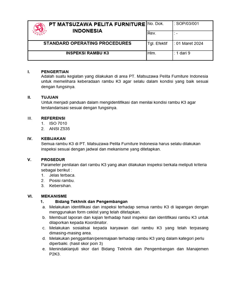 Inspeksi Rambu K3 di Matsuzawa Furniture | PDF