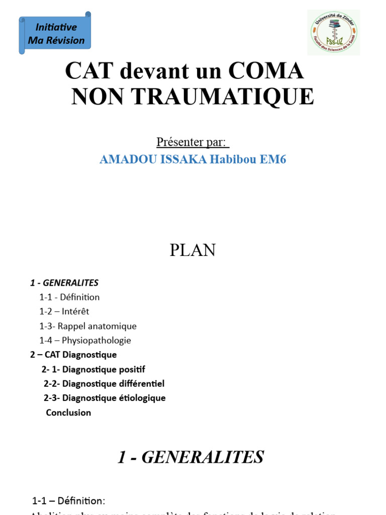 CAT devant un COMA NON TRAUMATIQUE | PDF | Coma | Médecine clinique