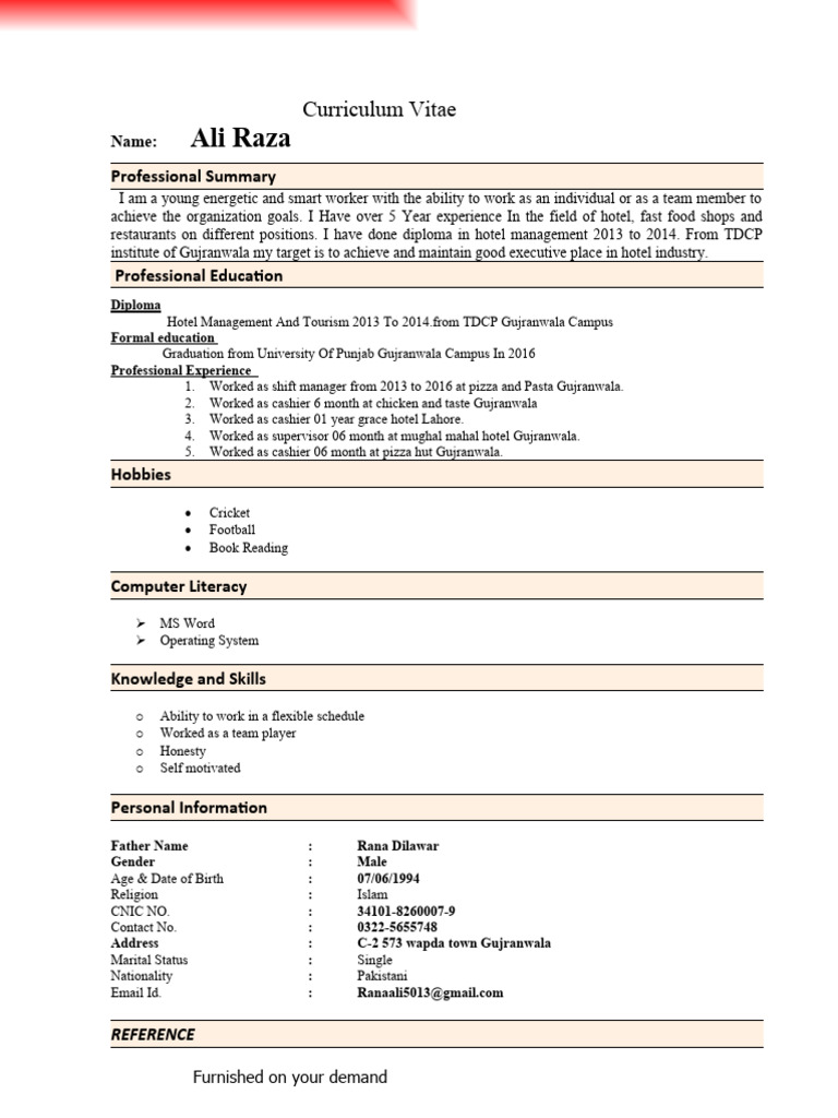 Ali Raza: Hotel Management CV | PDF