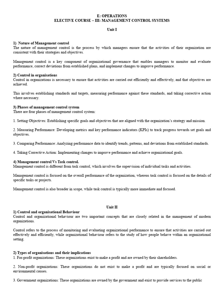 Management Control Systems Overview | PDF | Goal | Performance Indicator