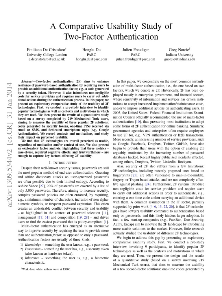 A Comparative Usability Study Of Two Factor Authentication Emiliano De