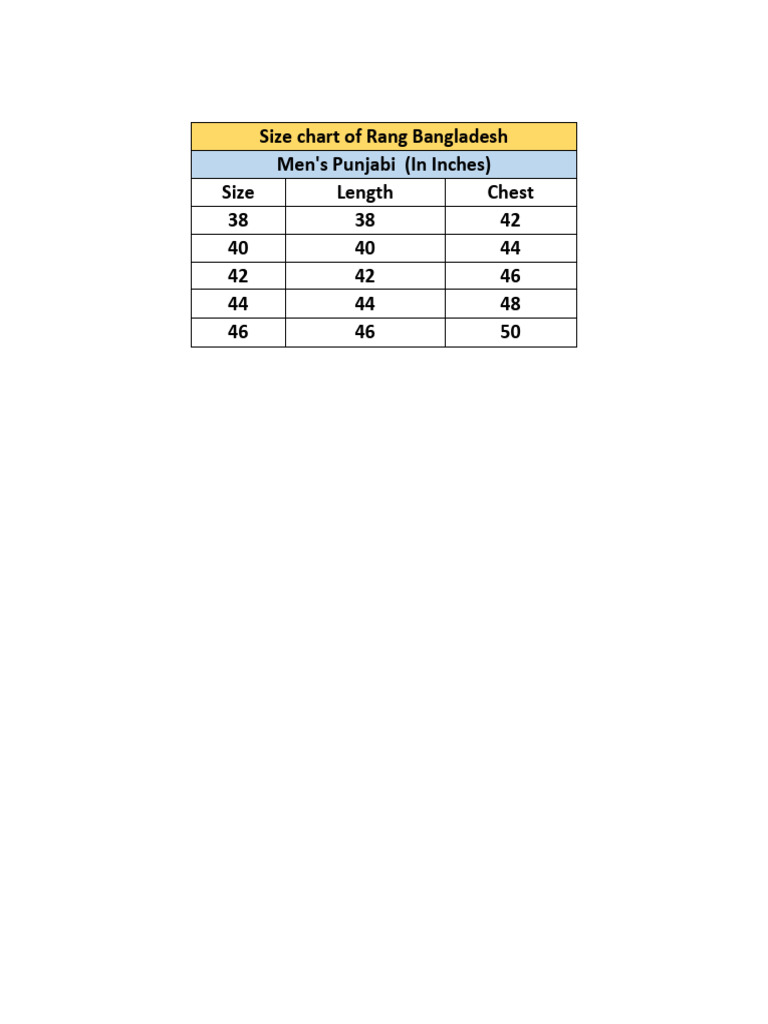 Rang Bangladesh Punjabi Size Chart | PDF