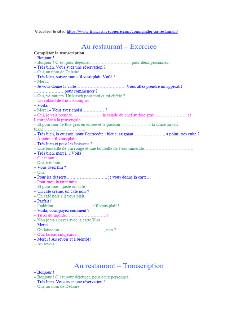 Dialogue pour commander au restaurant | PDF | Cuisine | Nourritures