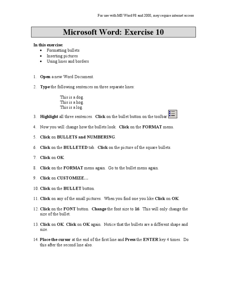 Word Exercise 10 - Bullets and ClipArt | Microsoft Word | Menú ...