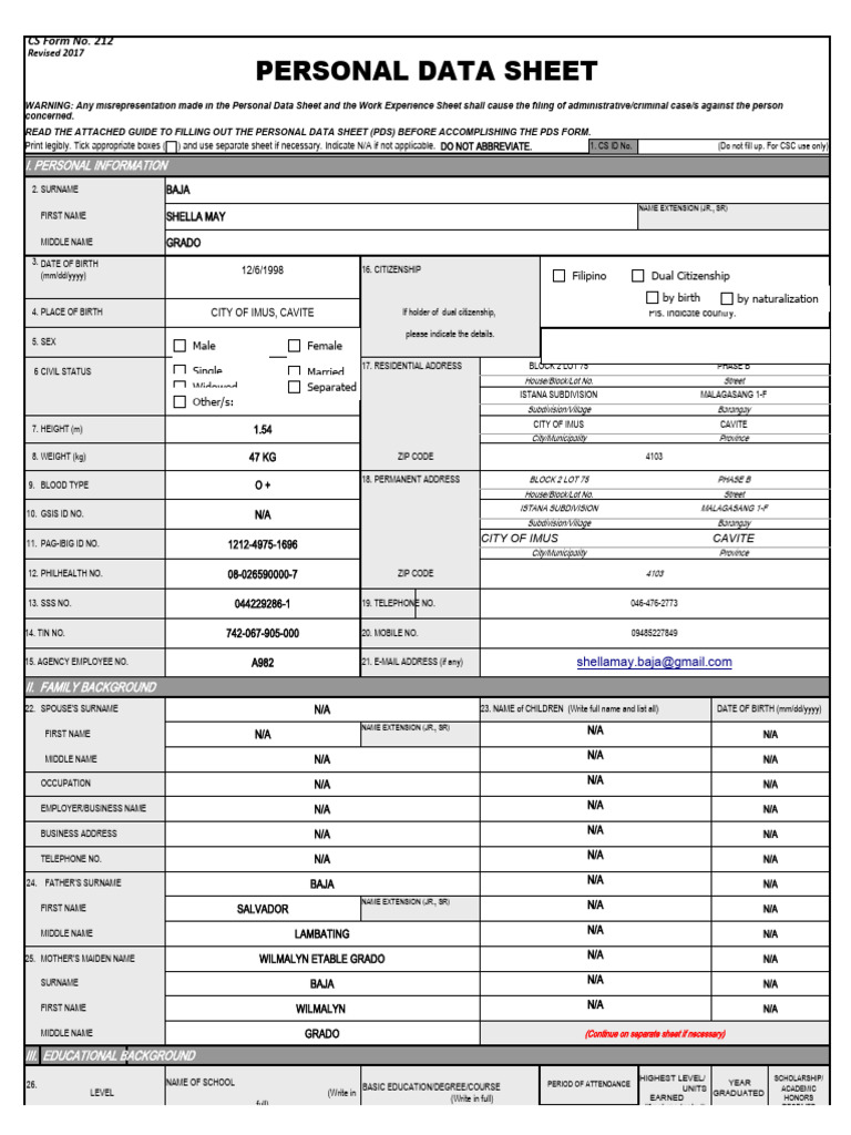 Excel File CSC Personal Data Sheet PDS 2017 | PDF