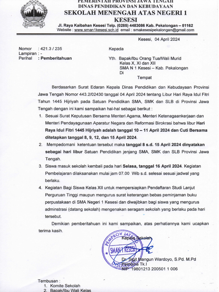 Surat Pemberitahuan Libur Hari Raya Idul Fitri 1445 Hijriyah Dan Cuti