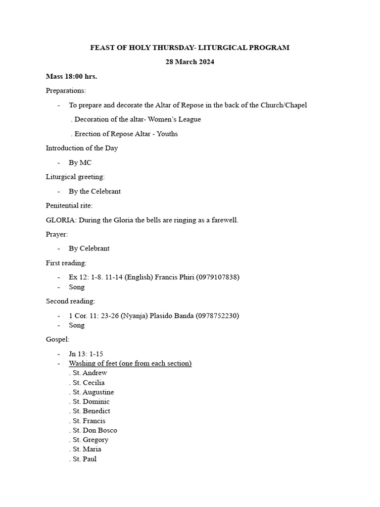 Holy Week Liturgical Program 2024 | PDF | Mass (Liturgy) | Altar