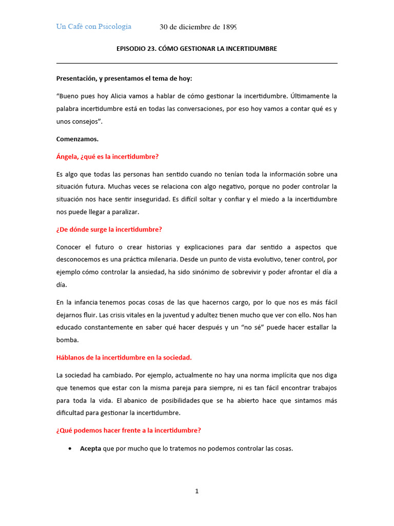 Episodio 23. Cómo Gestionar La Incertidumbre | PDF | Pensamiento | Toma ...