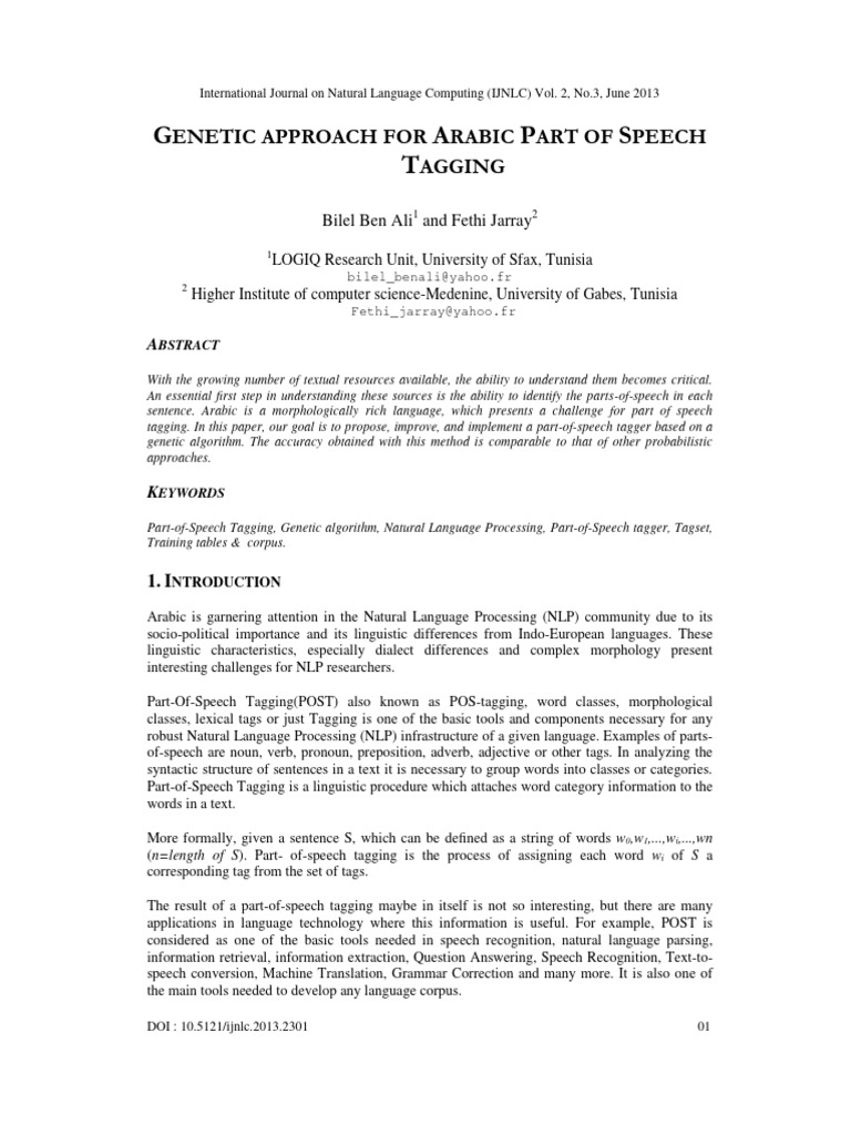 Genetic Approach For Arabic Part of Speech Tagging | PDF | Genetic ...