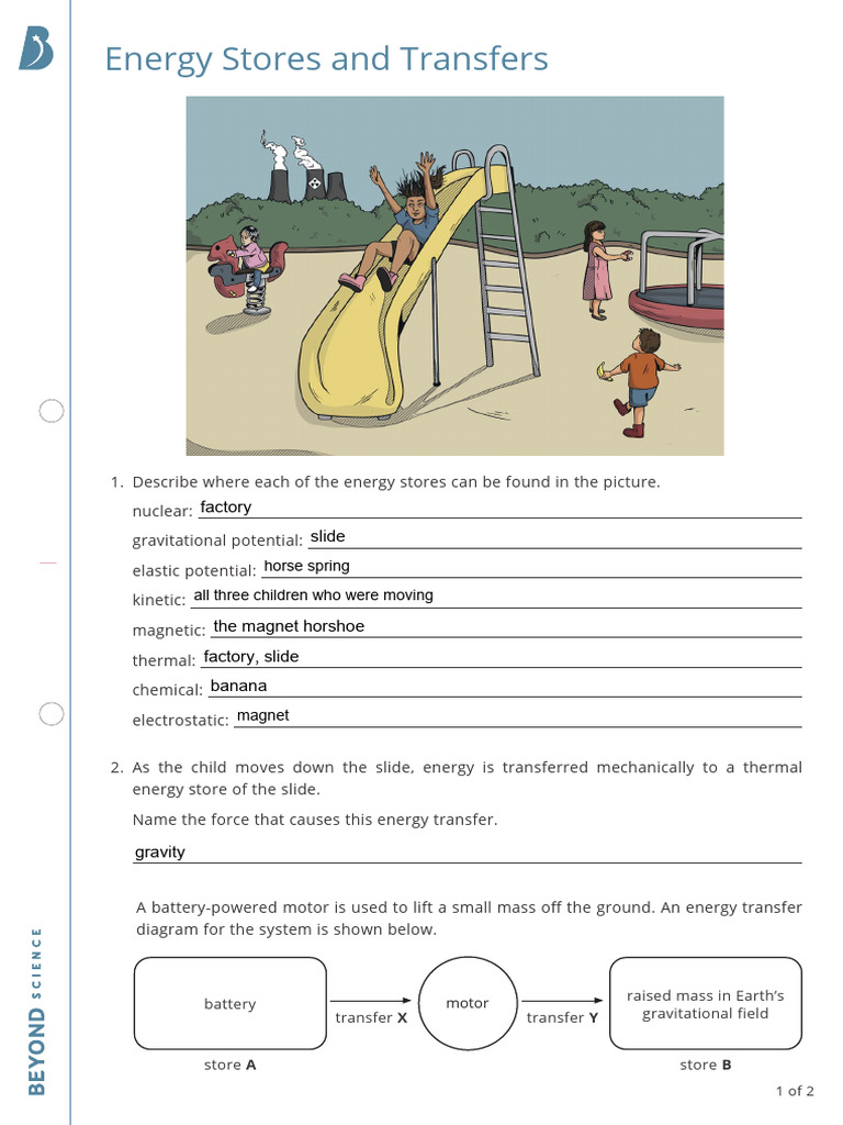 KS3 Energy Stores and Transfers Worksheet Support PDF Potential Energy Mechanics