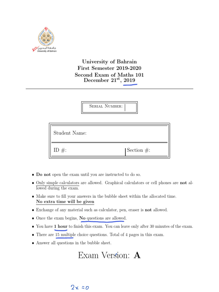 Maths 101 Second Exam December 2019 | PDF | Mathematical Relations ...