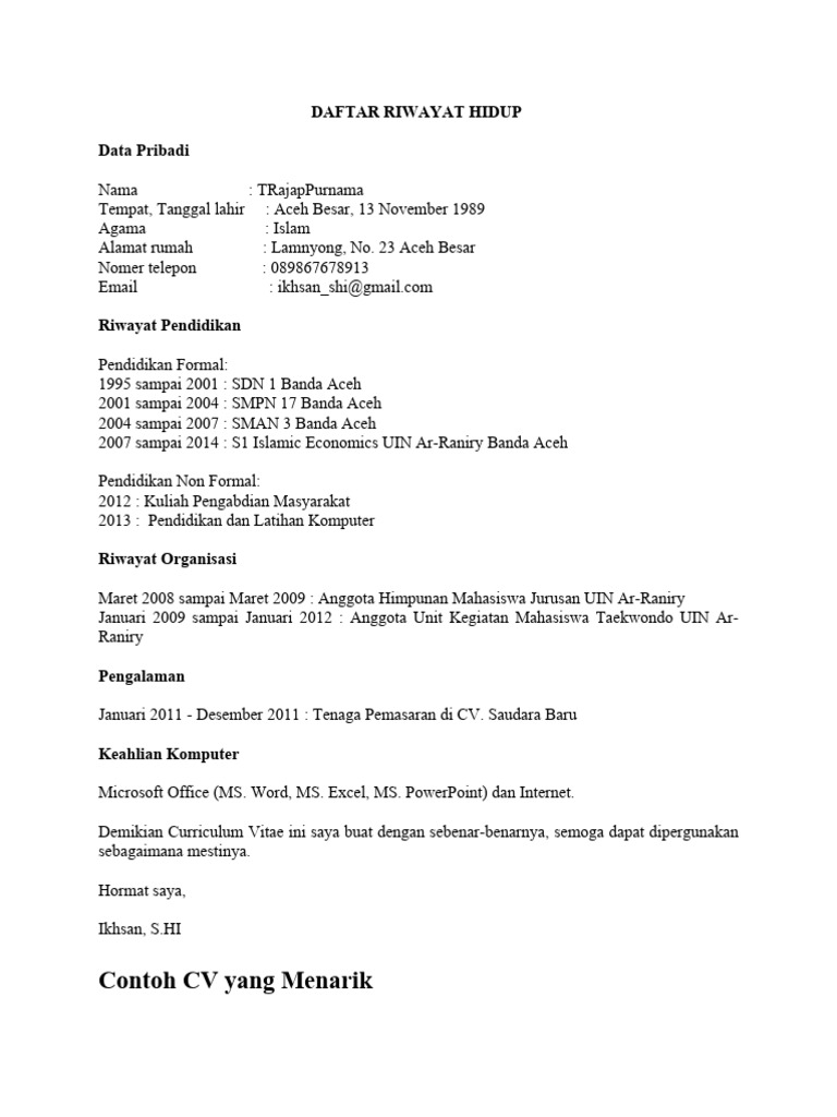 Contoh CV Lamaran Kerja Bahasa Indonesia | PDF