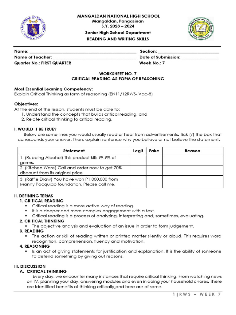 RWS Week7 Critical Reading | PDF | Critical Thinking | Thought