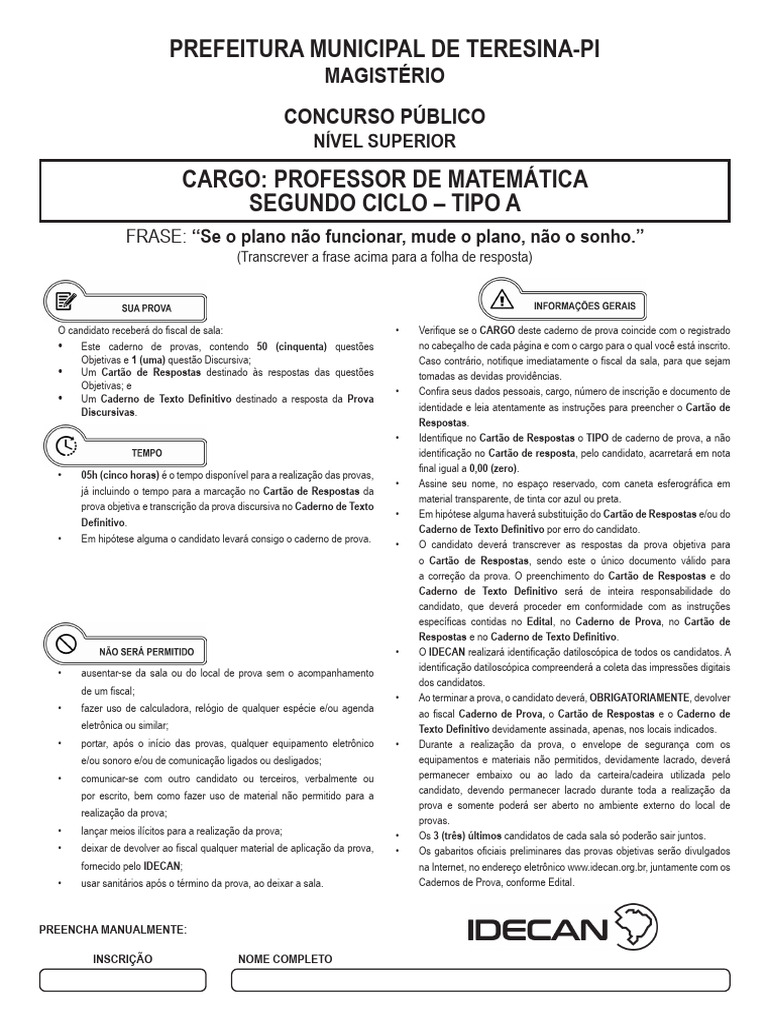 Prova IDECAN Professor de Matemática Semec 2024 | PDF | Pré-escola ...