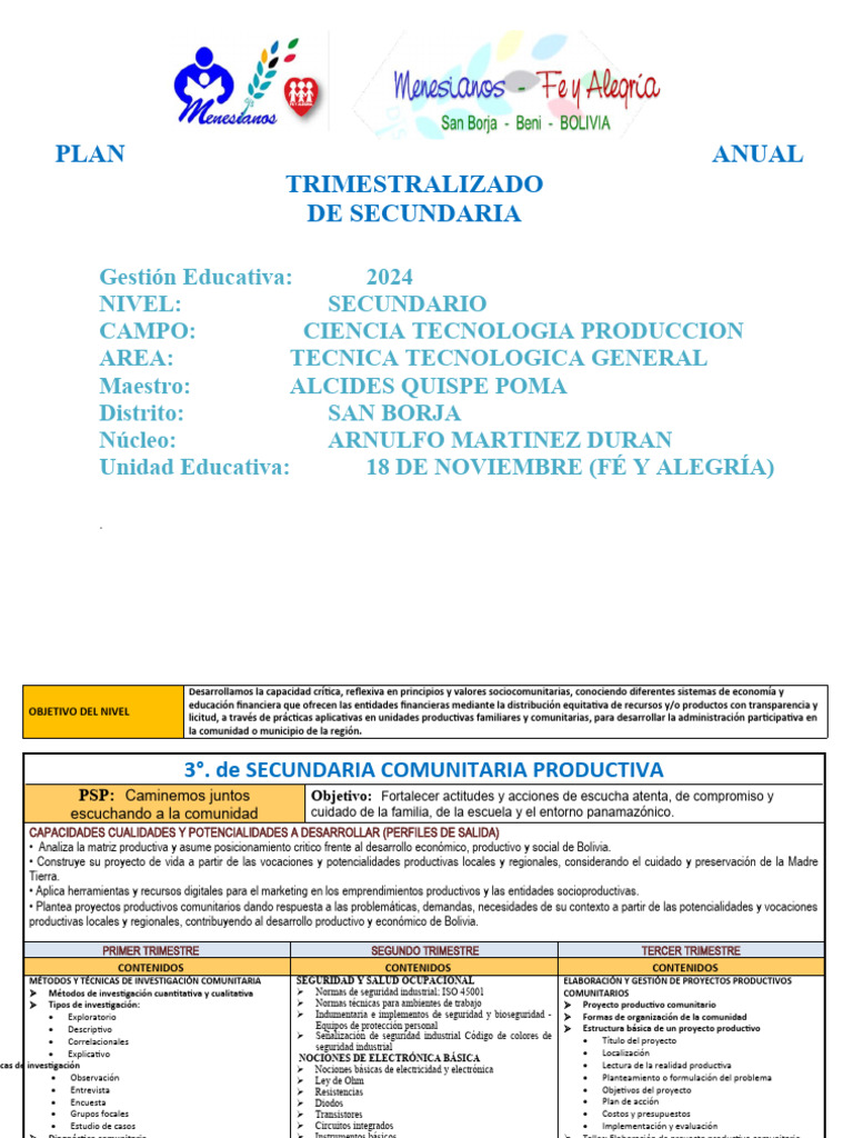 Plan Anual de Secundaria 2024 en Bolivia | PDF | Pequeñas y medianas ...